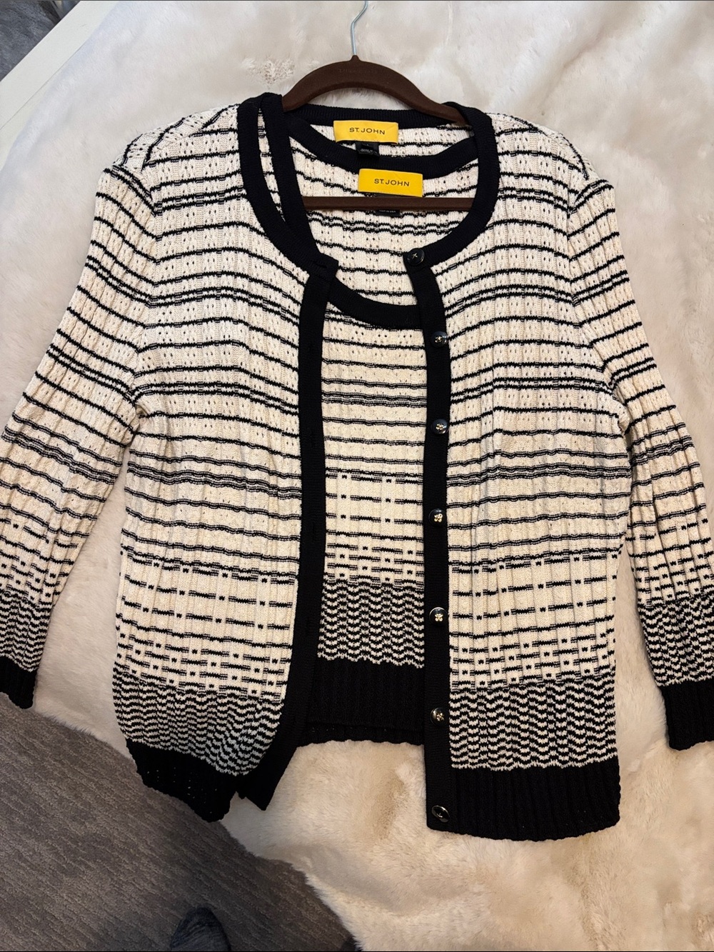 St. John Black and White Textured Striped Cardigan